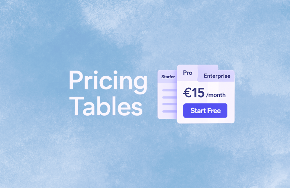 Modern flat-style banner with the text "Pricing Tables" in bold, surrounded by UI elements and a clean digital layout