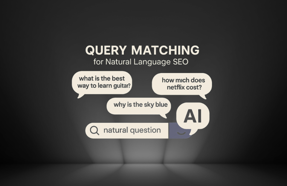 Flat illustration of a search bar with natural language questions and an AI icon, showing the concept of query matching for SEO