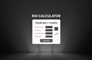 Flat-style illustration showing a simple ROI calculator with input fields and a result box labeled "Your ROI: 1500%"