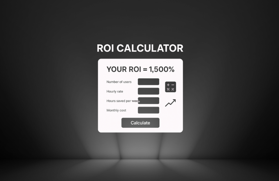 Flat-style illustration showing a simple ROI calculator with input fields and a result box labeled "Your ROI: 1500%"
