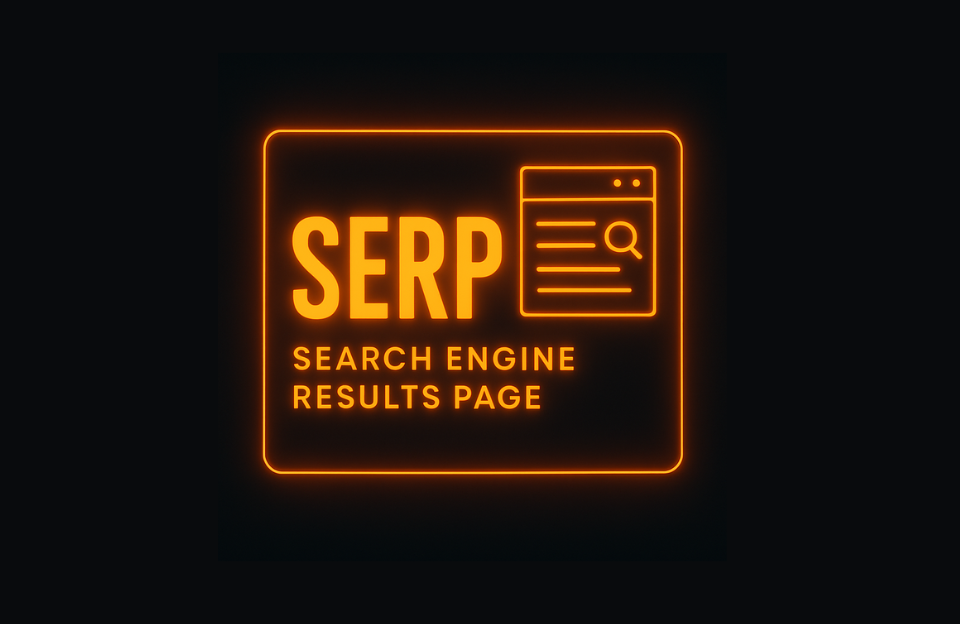 Neon-style SERP banner with orange glow on black background