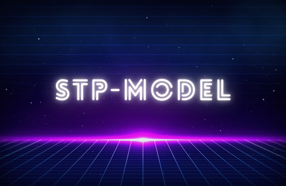 Futuristic marketing banner with "STP-Model" in glowing neon text over a grid background