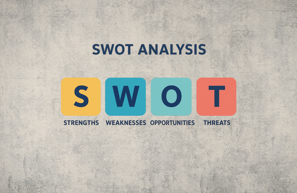 Clean and modern banner visual of a SWOT analysis with color-coded blocks for Strengths, Weaknesses, Opportunities, and Threats in English.