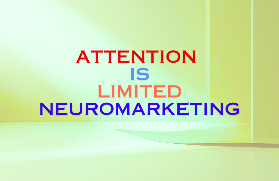 Abstract yellow background with bold text “Attention Is Limited Neuromarketing” in red, blue, and purple typography.