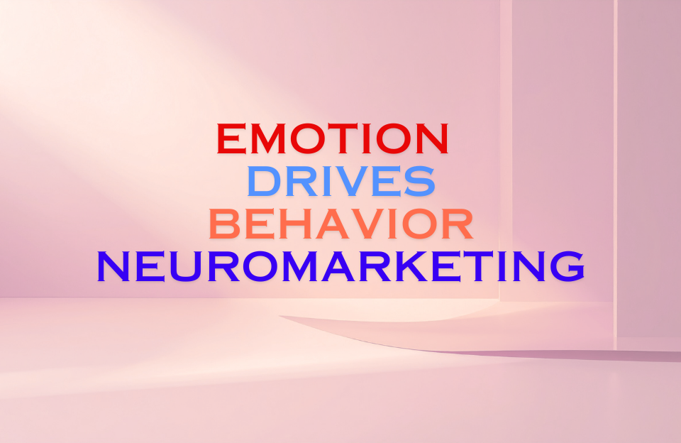 Pink abstract background with bold text reading "Emotion Drives Behavior Neuromarketing" in red, blue, orange, and purple colors.