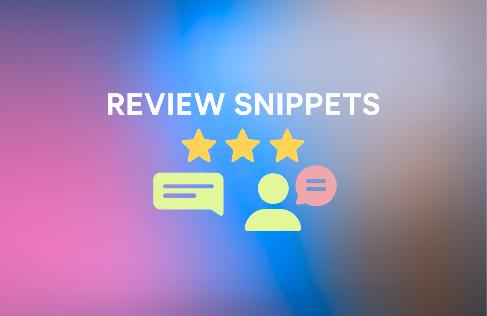Flat-style banner with the words "Review Snippets", featuring user icons, star ratings, and speech bubbles