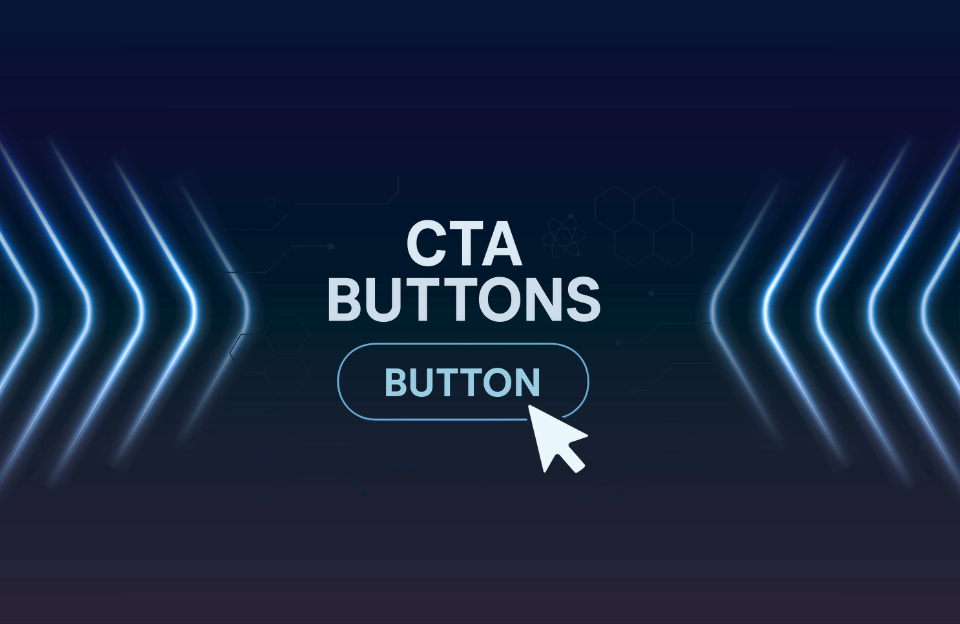 Scientific-style digital illustration showing a CTA button surrounded by data points, charts, and cursor icons