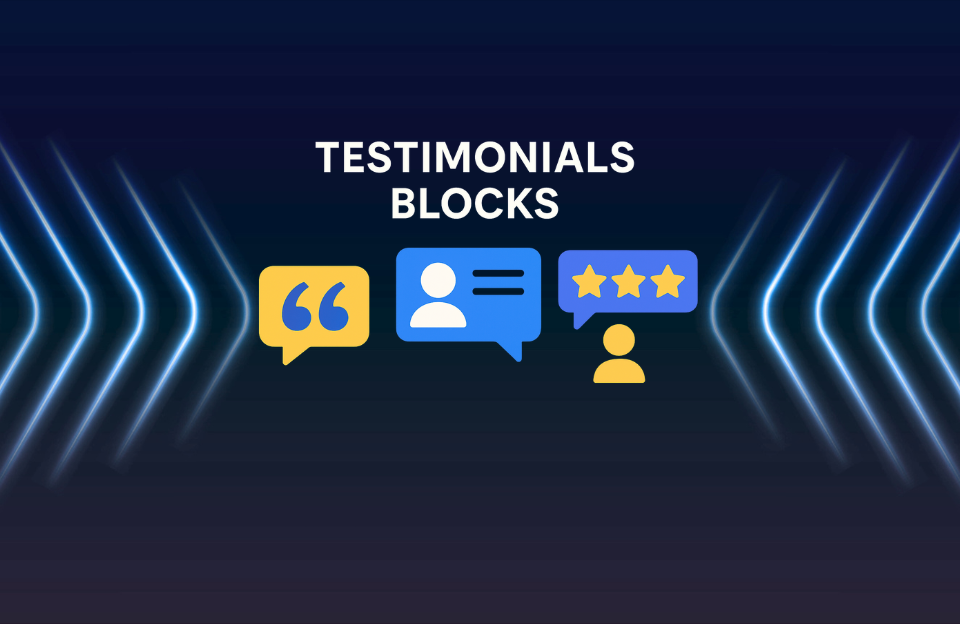 Flat digital banner with the words "Testimonials Blocks" featuring user icons, quotation marks, and star ratings