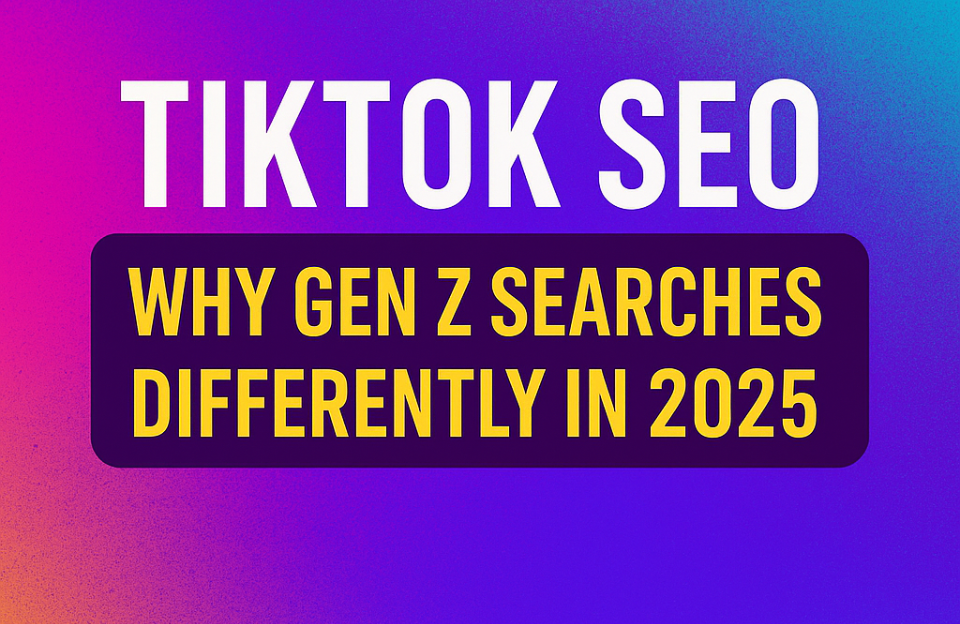 Colorful digital banner with the title "TikTok SEO – Why Gen Z Searches Differently in 2025" centered on a vibrant gradient background of purple, pink, and turquoise.