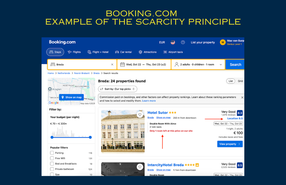 Booking.com product page showing limited availability message “Only 2 rooms left” and time-bound deals beside the booking button
