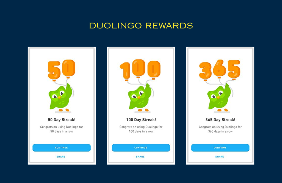 Duolingo rewards showing 50, 100, and 365 day streak achievements with the Duolingo owl character holding balloons