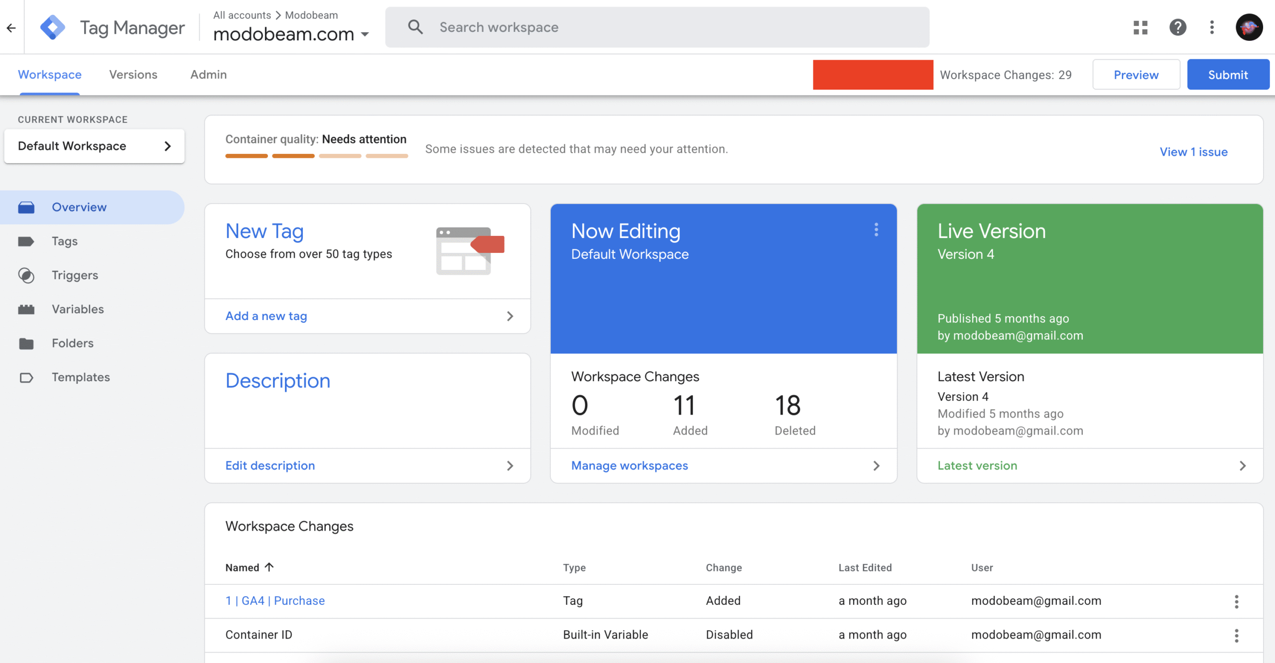 Google Tag Manager dashboard showing tags, triggers, and workspace overview on Modobeam.com