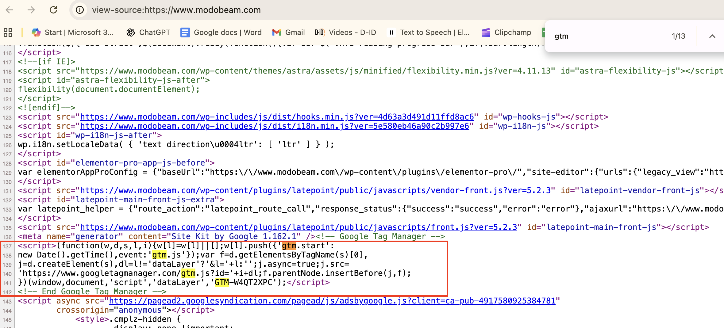 View of Modobeam website source code showing the Google Tag Manager script correctly installed in the head section.