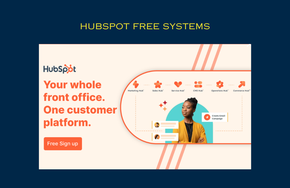 HubSpot free systems banner showing marketing, sales, service, CMS, operations, and commerce hubs with a woman creating an email campaign