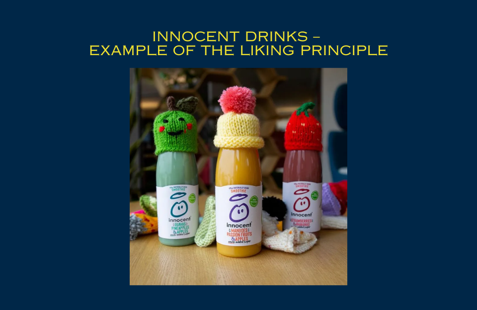 Innocent Drinks bottle and marketing visuals showing playful copy, friendly tone, and colorful design that create a likeable brand personality