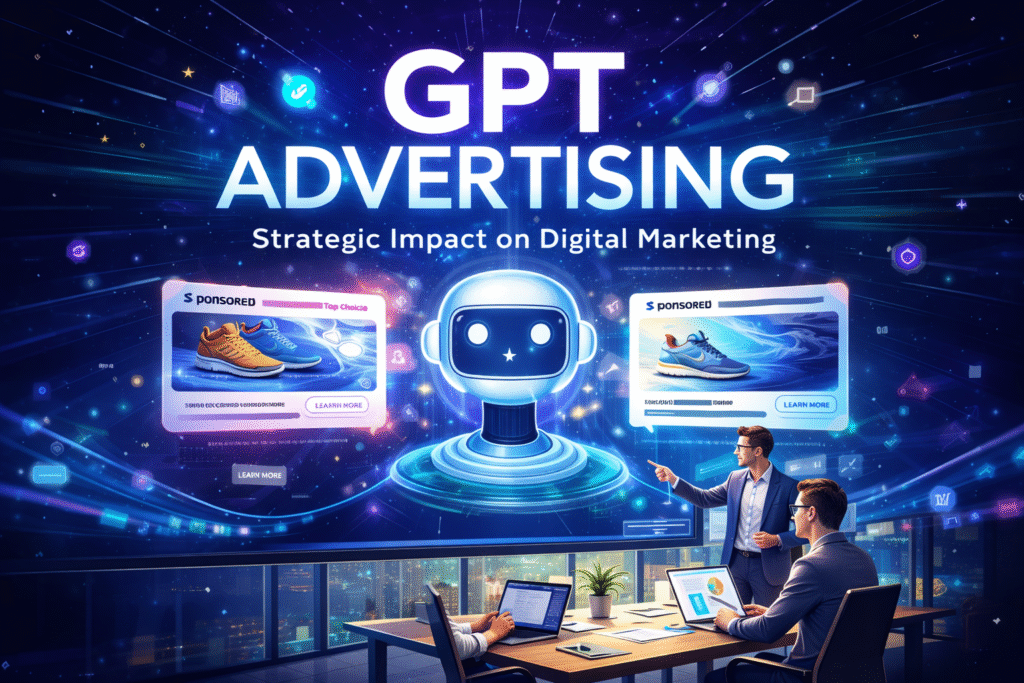 GPT advertising visual showing AI-generated answers with sponsored placements in a digital marketing context