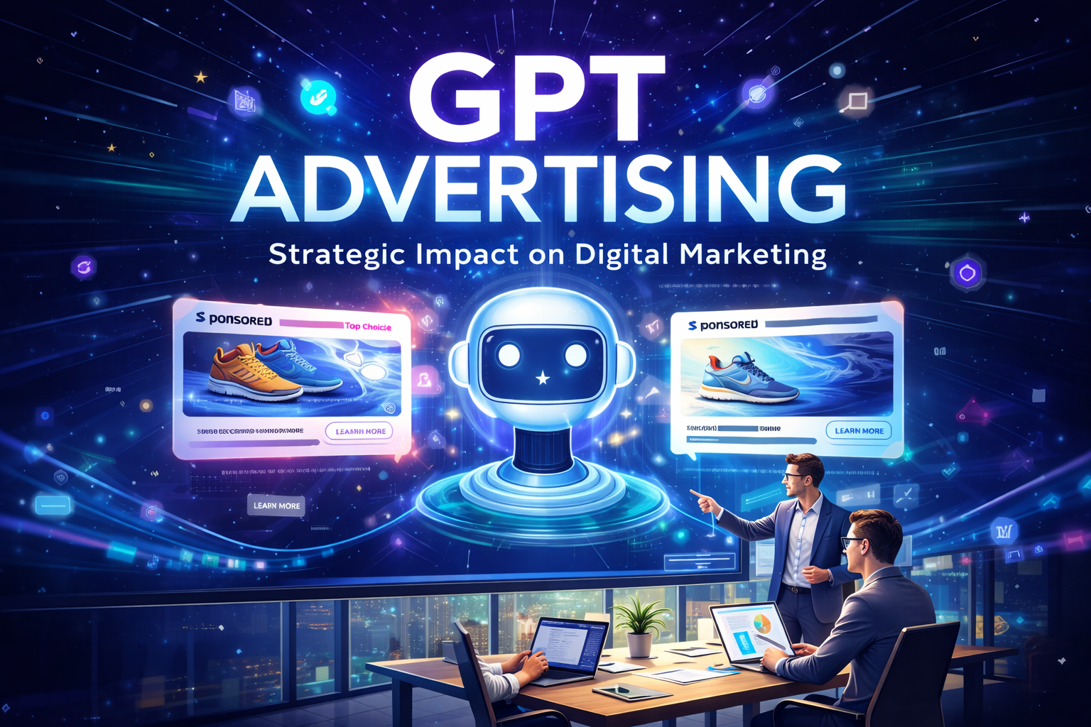 GPT advertising visual showing AI-generated answers with sponsored placements in a digital marketing context
