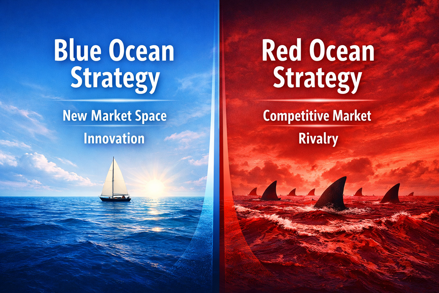 Illustration comparing Blue Ocean Strategy and Red Ocean Strategy, with a calm blue ocean representing uncontested market space on the left and a red ocean with heavy competition on the right.
